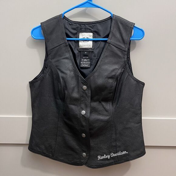 Harley-Davidson Jackets & Blazers - Harley Davidson Women's Black Embroidered Vest Medium Pig Leather Snap Up Biker